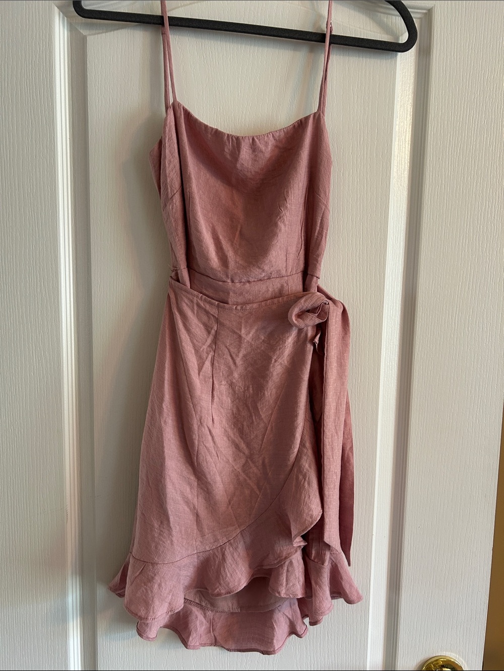 Selfie Leslie Spaghetti Strap Pink Wrap Ruffle Dress